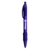 A purple plastic pen with a textured grip and a logo on the barrel.
