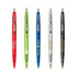 A collection of five plastic pens in red, green, blue, silver, and black, each featuring a logo or branding.