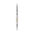 A clear plastic pen with a gold trim and a click mechanism, featuring a logo on the barrel.