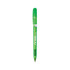 A green pen featuring a transparent barrel and click mechanism, with a logo on the side.