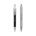 A black and silver metal pen set featuring a sleek design and branding on the barrel.