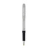 A grey pen with a textured black grip; features branding on the barrel.
