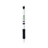 A grey-lead pencil with a white body, black grip, and a logo on it.