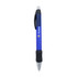 A blue metal pen with a chrome grip and a black rubberised section, featuring a logo.