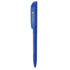 A blue pen with a clip featuring a logo and a green accent on the barrel.