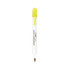 A two-sided pen featuring a yellow cap and a brown writing tip, with a white barrel and branding.