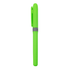 A bright green highlighter pen with a grey grip and a clip on the side, featuring a branding logo.