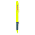 A bright yellow highlighter with a grey grip and a branding logo.