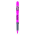 A pink highlighter pen with a grey grip and a logo on the barrel.