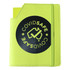 A lime green leatherette cover with an elastic band and a circular logo on the front. Includes a notebook inside.