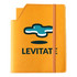A leatherette notebook in orange with a logo on the front and an elastic closure.