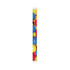 A branded carpenter pencil featuring a colourful design with blue, yellow, and red circular shapes and a logo.