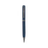 A metal twist pen in navy blue with a silver clip and accents. It features a branded logo.