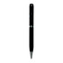 A black metal twist pen with a sleek design and a logo on its body.