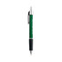 A metallic green pen with a shiny silver clip and a black grip. It features a logo on its surface.