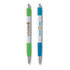 Two white pens featuring green and blue grips, each with a logo, placed side by side on a white background.