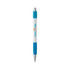 A white pen with a blue grip and silver accents, featuring a logo on the body.
