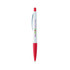 A plastic pen with a white barrel and red grip, featuring a logo.