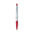 A silver plastic pen with a red tip and grip, featuring a logo on the body.