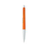 A metallic pen with an orange upper section and a white, textured lower section, featuring a logo.