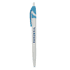 A plastic pen in white with a blue clip, featuring a logo.