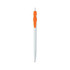 A plastic pen in white with an orange grip, featuring a logo on its body.