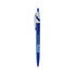 A blue plastic pen with a silver clip and a branding logo on the barrel.