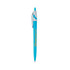A plastic pen in bright blue with a silver clip and a branding logo.