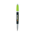 A black pen with a green twist top, featuring branding and a shiny silver tip.
