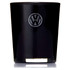 A black glass candle with a circular logo on the front, featuring a metallic base.