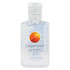 A clear, 30ml hand sanitiser gel with 75% ethyl-alcohol and a logo. The bottle features an orange circle design.