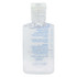 A clear bottle of hand sanitiser gel containing 75% ethyl-alcohol, featuring a flip-top lid. The bottle has a label with details.