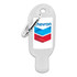 A 30mL clear hand sanitiser bottle with a silver carabiner and logo on the front.