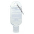 A clear 60mL hand sanitiser bottle with a carabiner. It has a screw-top lid and a simple design.