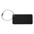 A black luggage tag with a metallic loop attachment and rounded edges. It has a minimalist design.