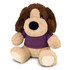 A plush dog toy featuring brown and beige fur, wearing a purple shirt with a logo on it.