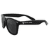 A pair of black sunglasses with dark lenses and a logo on the side. Ideal for leisure and outdoor activities.