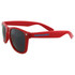 Red sunglasses with dark lenses, featuring a blue logo on the side. Suitable for leisure and outdoor activities.