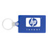 A blue rectangle keychain featuring a logo. The keychain has a metal ring for attachment.