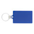 A blue rectangular keychain with a silver keyring attachment and a transparent connector.