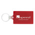 A rectangular red keychain with a silver ring and a logo.