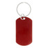 A red dog tag keychain with a metal ring for attachment. The tag has a smooth surface and rounded edges.