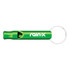A green aluminium metal whistle keychain with a metal ring, featuring a logo on the side.