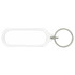 An oval acrylic keychain with a transparent body and a metal ring.