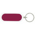 A maroon oval acrylic keychain with a silver keyring, featuring a blank surface for custom designs.
