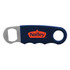 A drink bottle opener in navy blue with a stainless steel opening lever and a logo on one side.
