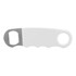A drink bottle opener in white plastic with a stainless steel opener section and a circular hole for easy handling.