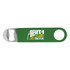 A green bottle opener with a metal cap lifter and a logo on the handle.