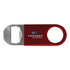 A drink bottle opener in red vinyl with a metal opener, featuring a logo on its side.