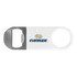 A drink bottle opener in white and stainless steel, featuring a branding logo.